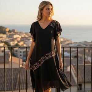 VINTAGE ADRIANNA PAPELL Black Nude Lace Chiffon Dress 6 Flowy Gypsy MOTB Wedding